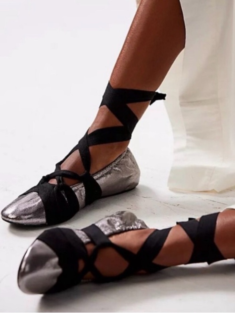 Free People Metallic Silver Ballet Wrap Flats with Black Ribbons. NWOT